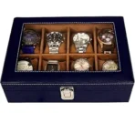 Presents Luxury Watch Box for Men & Women ?Lockable Leather Watch Organizer with Glass Lid, Soft Velvet Cushions, Premium Display & Storage Case for Watches -12 Slot Box (Blue)