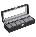 Presents Luxury Watch Box for Men & Women ?Lockable Leather Watch Organizer with Glass Lid, Soft Velvet Cushions, Premium Display & Storage Case for Watches -6 Slot Box (Black)