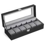 Presents Luxury Watch Box for Men & Women ?Lockable Leather Watch Organizer with Glass Lid, Soft Velvet Cushions, Premium Display & Storage Case for Watches -6 Slot Box (Black)