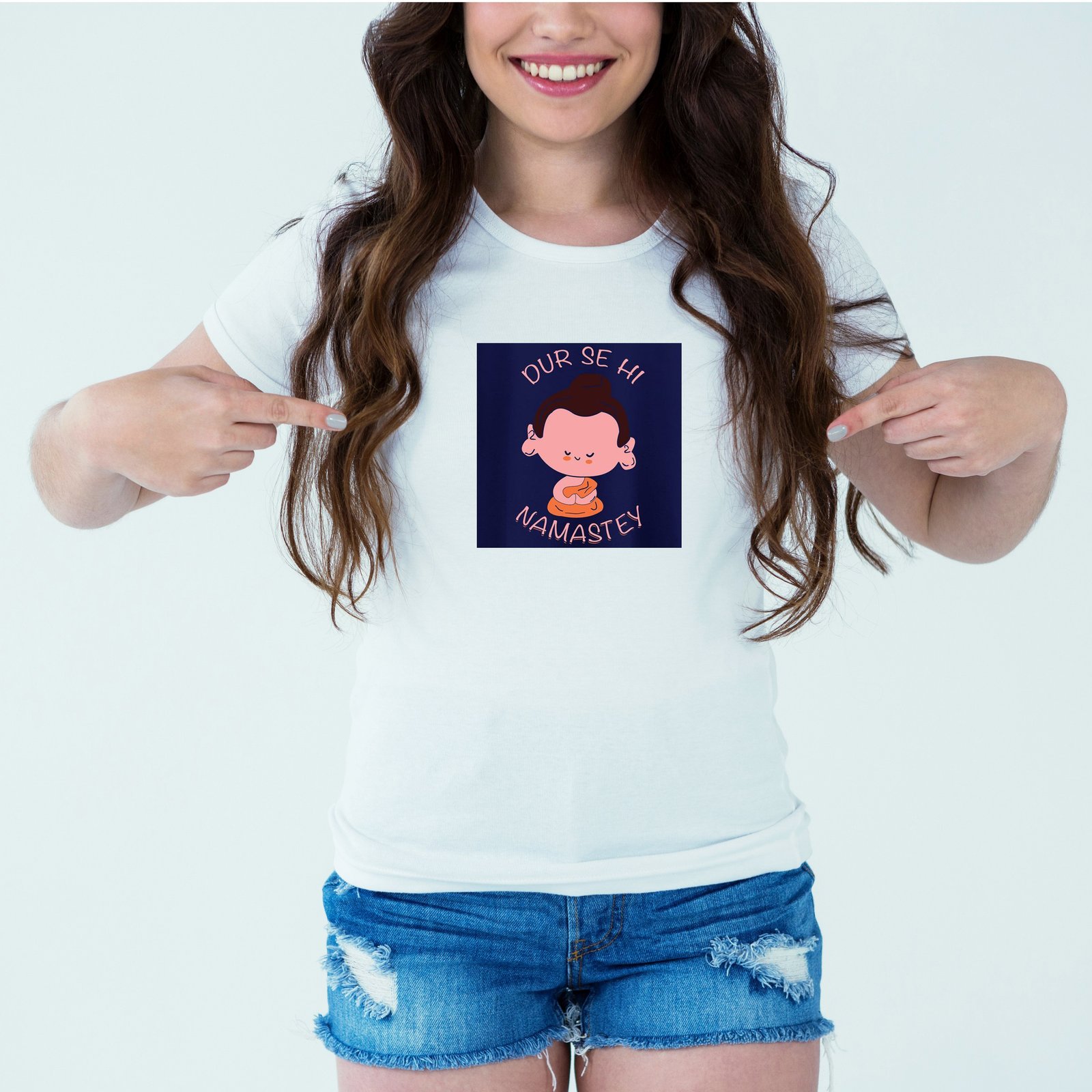 Mockup-Girl-dursehinamaste.jpg Designer Printed T-Shirt :: Design type - Dur Se Hi Namaste - Cloth type : Polyester - Image 1