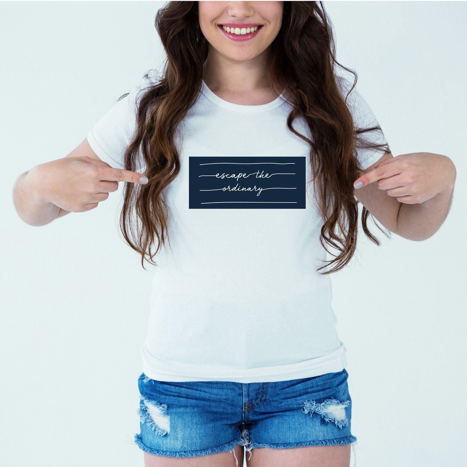 Mockup-Girl-escapetheordinary.jpg Designer Printed T-Shirt :: Design type - Escape The Ordinary - Cloth type : Polyester - Image 1