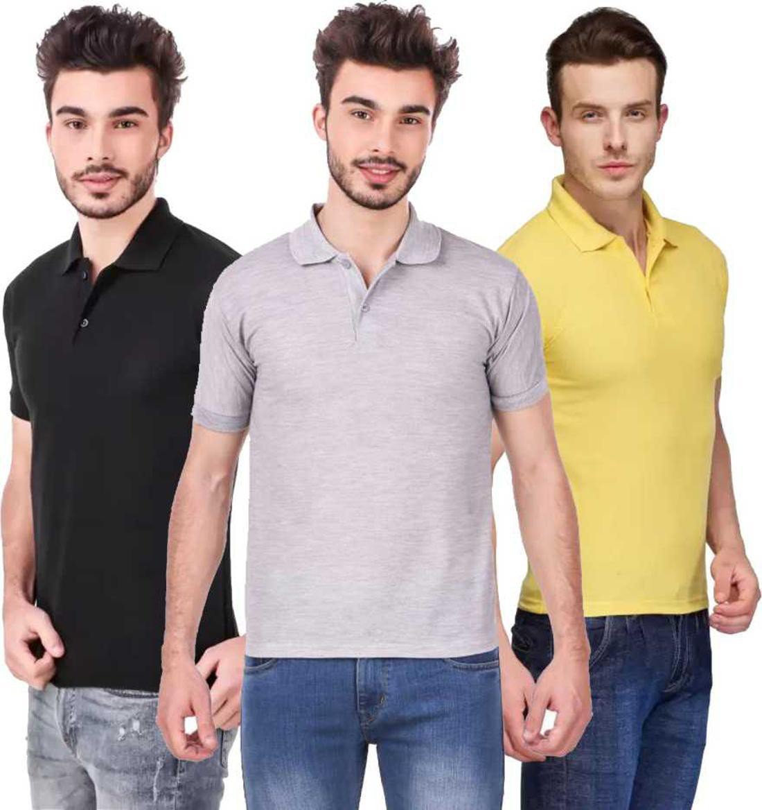 l-tshirt-combo-3-black-grey-yellow-phonicz-retails-original-imafg4cajzjtuv6r.jpeg One-H Men's Polo Neck Short Sleeve Casual Tshirt Combo of Black, Grey, Yellow colors (Pack of 3) - Image 1