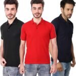 One-H Men's Polo Neck Short Sleeve Casual Tshirt Combo of Dark Blue, Red, Black colors (Pack of 3)