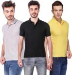One-H Men's Polo Neck Short Sleeve Casual Tshirt Combo of Black, Grey, Yellow colors (Pack of 3)