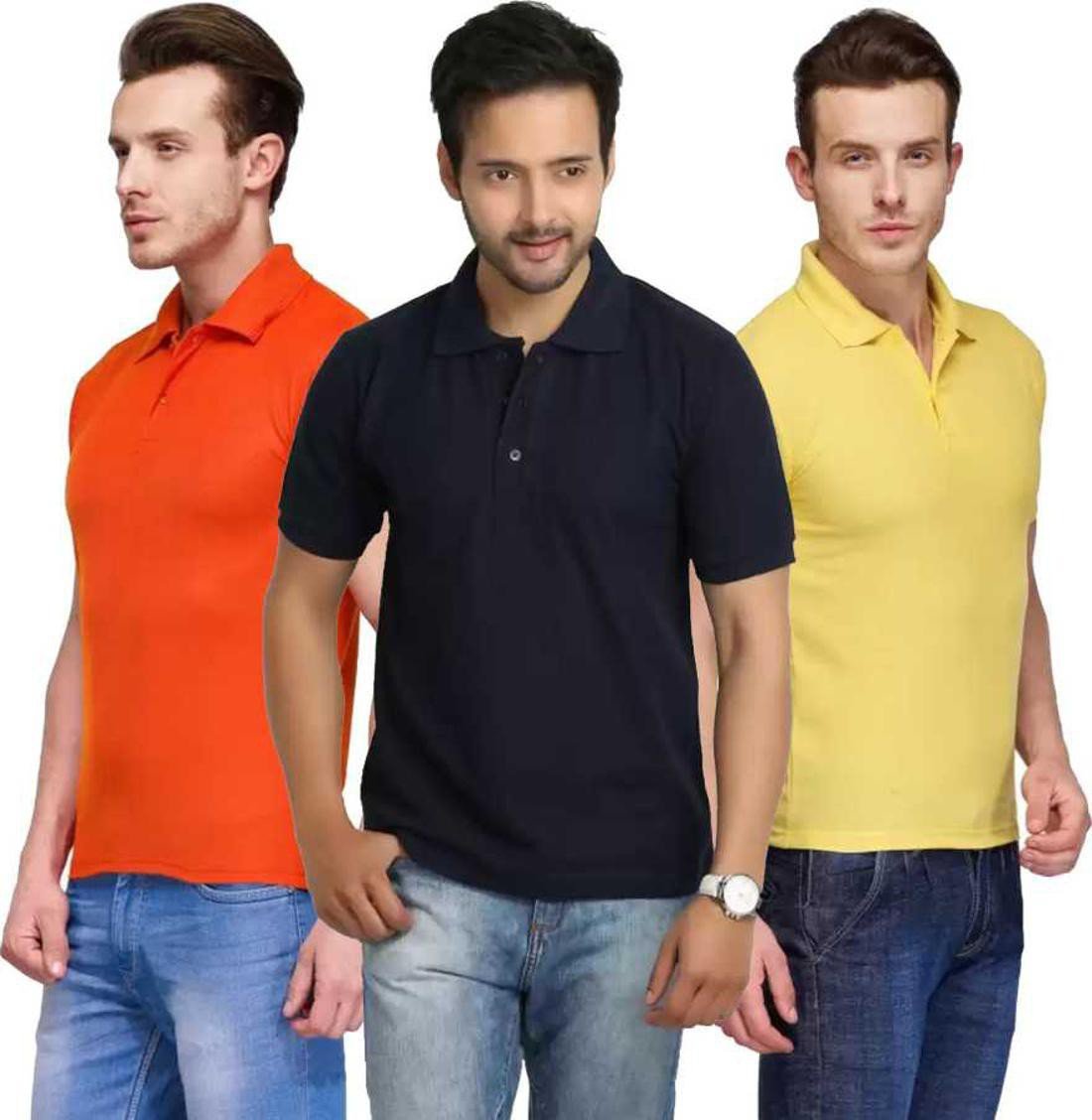 xl-tshirt-combo-3-orange-darkblue-yellow-phonicz-retails-original-imafg4fvhqd5hauw.jpeg One-H Men's Polo Neck Half Sleeve Casual Tshirt Combo of Dark Blue, Orange, Yellow colors (Pack of 3) - Image 1