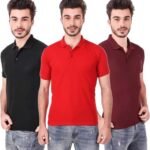 One-H Men's Polo Neck Short Sleeve Casual Tshirt Combo of Red, Maroon, Black colors (Pack of 3)