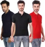 One-H Men's Polo Neck Short Sleeve Casual Tshirt Combo of Dark Blue, Red, Black colors (Pack of 3)