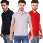 One-H Men's Polo Neck Short Sleeve Casual Tshirt Combo of Dark Blue, Red, Grey colors (Pack of 3)