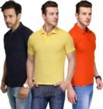 One-H Men's Polo Neck Short Sleeve Casual Tshirt Combo of Dark Blue, Orange, Yellow colors (Pack of 3)