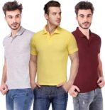 One-H Men's Polo Neck Short Sleeve Casual Tshirt Combo of Maroon, Grey, Yellow colors (Pack of 3)